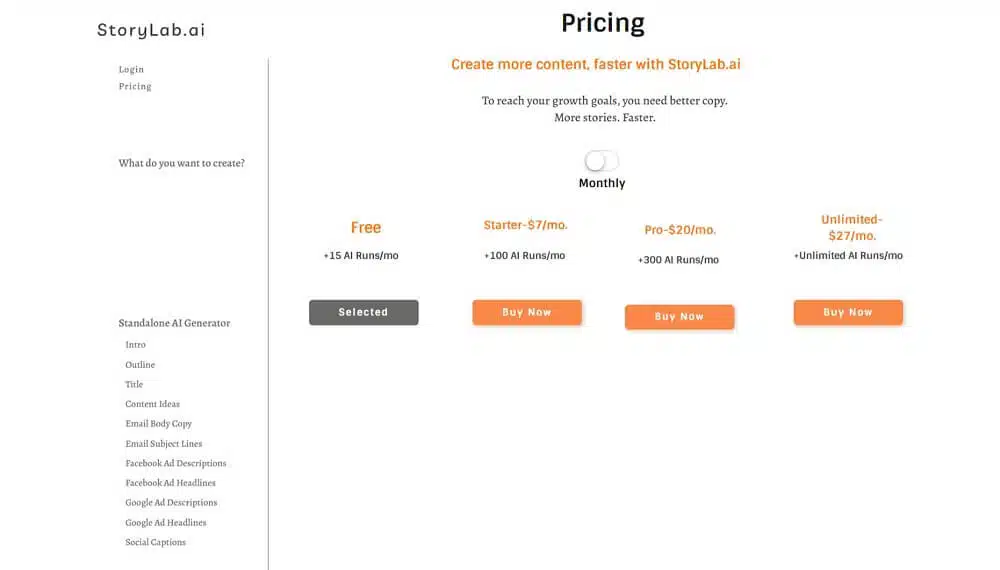 Storylab pricing